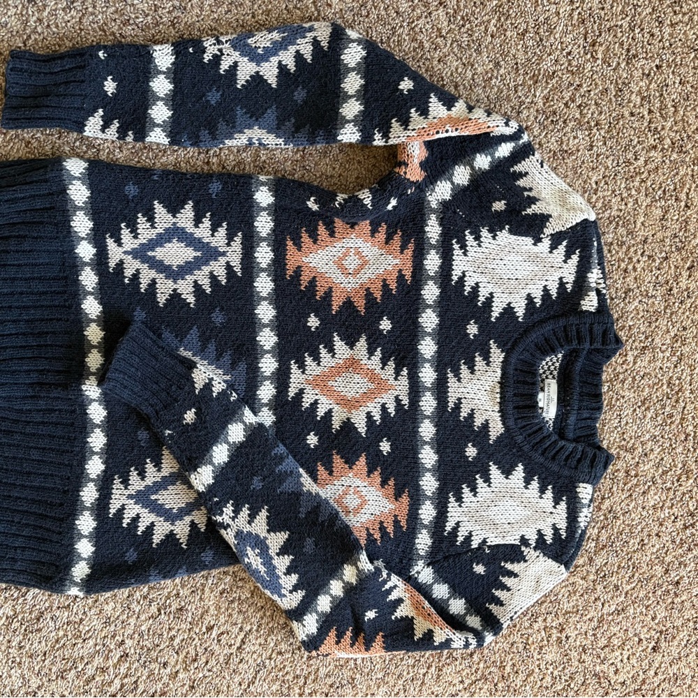 Signature Navy Crewneck Sweater with Cream & Rust Aztec Motif. Fits like a small
